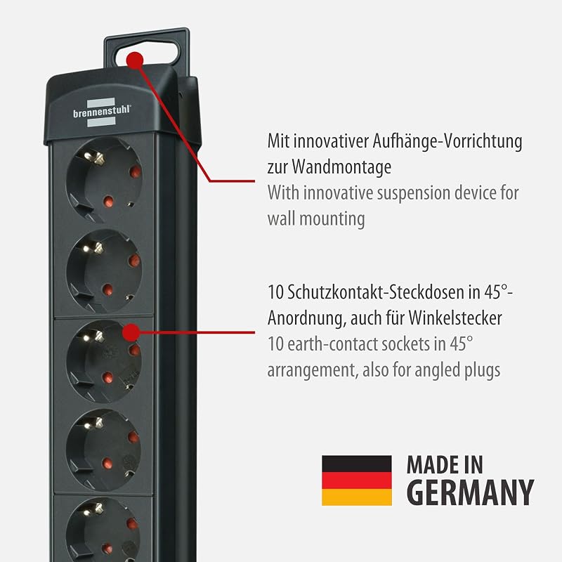 Premium-Line regleta de enchufes con 10 Tomas de Corriente (Cable de 3m, con Interruptor, Fabricado en Alemania) Negro