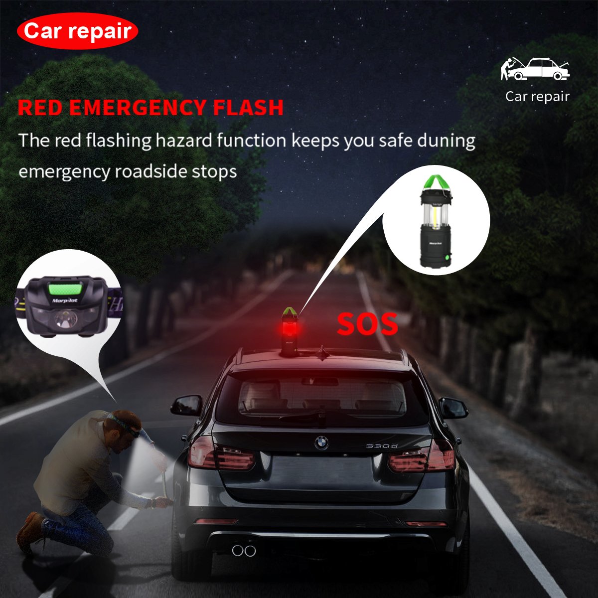 Combo: 2 Pack Morpilot Camping Lantern Outdoor Portable LED with Flashlight 7 Modes & LED Headlamp 5 Modes with Red Strobe.