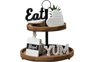 GENMOUS & CO. GENMOUS Farmhouse Kitchen Tiered Tray Decor Items Mini Set, Rustic Black and White Kitchen Counter Decor, Two Tiered Tray Kitchen Decor Set for Home Kitchen Dining Room Table Decoration