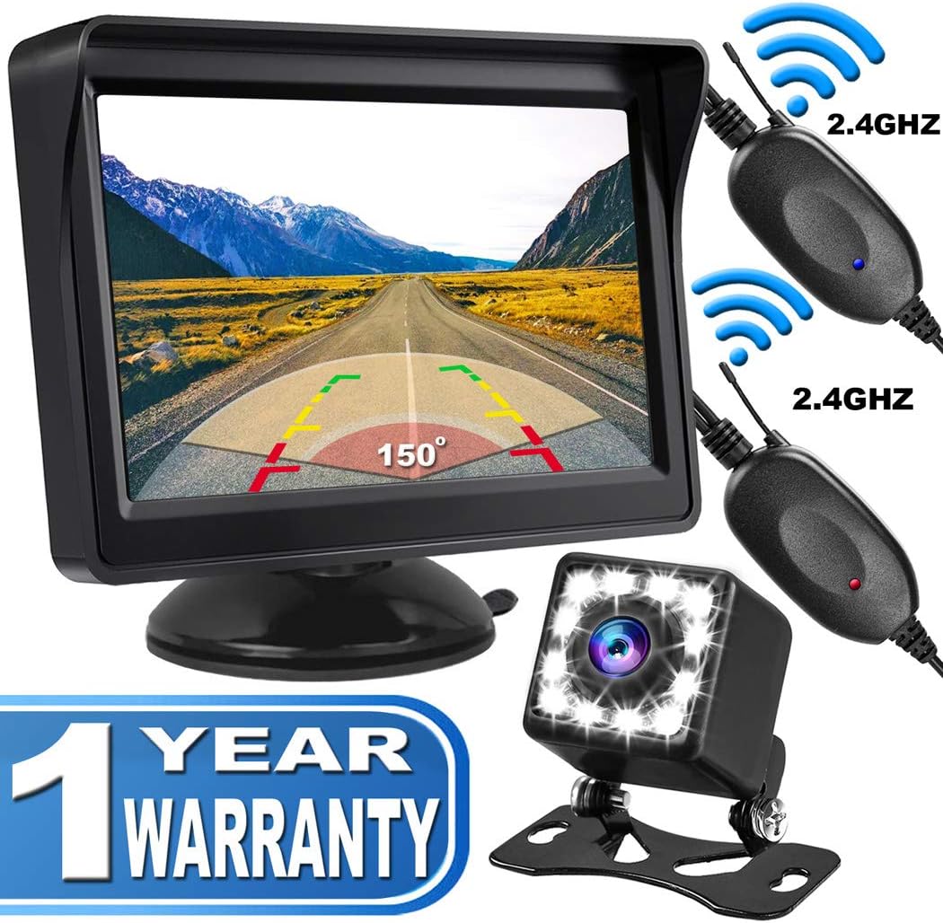 TGetWorth Wireless Reversing Camera Kit, 12 LEDS Backup Camera with Night Vision, 5'' Rear View Monitor and 150° Wide Angle Parking Camera, IP68 Waterproof Reverse Camera for Cars