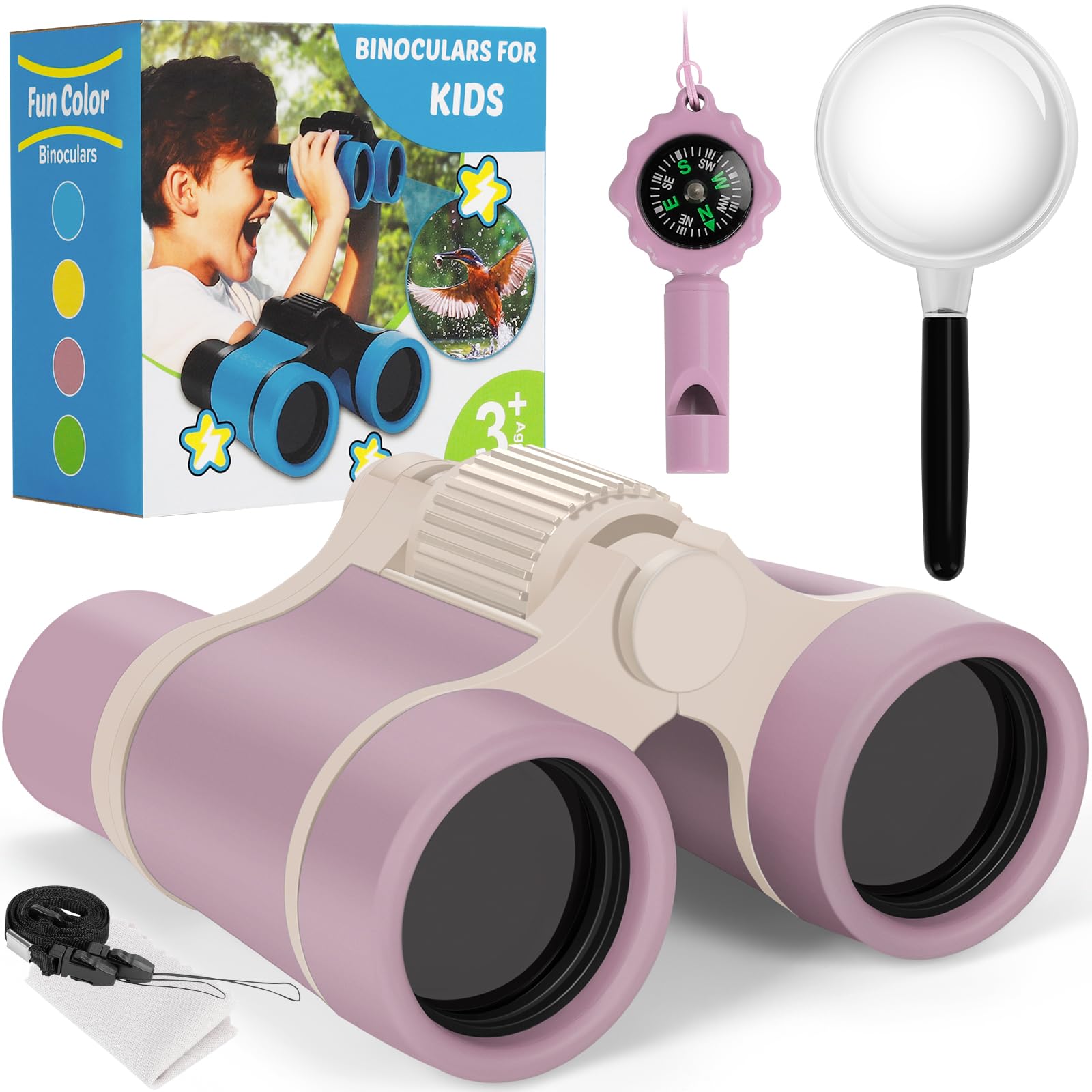 Binoculars for Kids, Kids Binoculars toys for 3 4 5 6 7 8 Years Boys and Girls, Set with Magnifying Glass & Compass - Birthday Gifts Outdoor Toy for Kid Ages 3-8 Toddler Camping (pink) — image 1