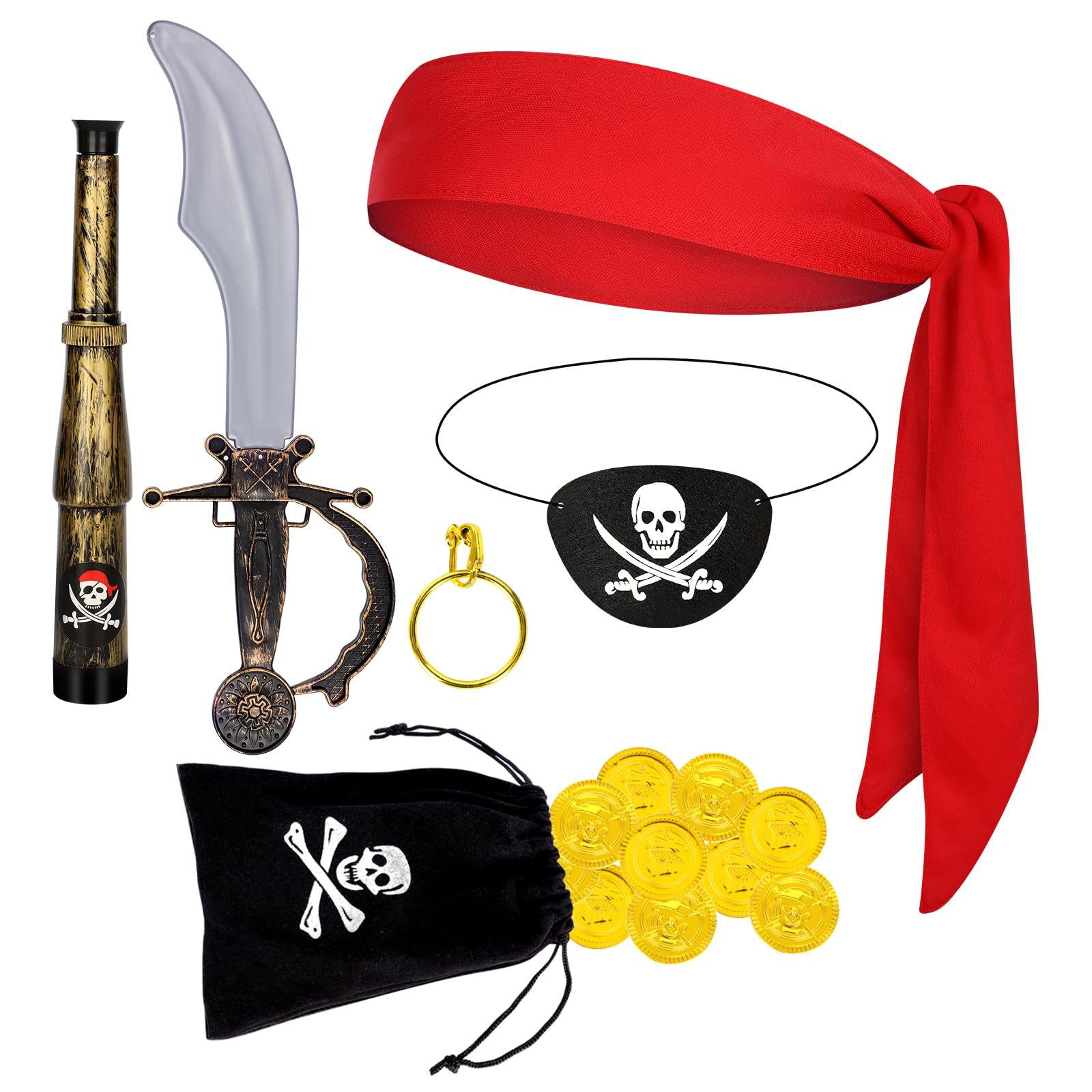 Spinosaurus 7 Pcs Pirate Accessories for Adult Kids,Pirate Bandana Eye Patch Telescopes Earring Wallet with Gold Coins for Halloween Dress Up