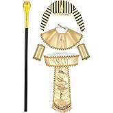 Ramede 5 Pcs Men Egyptian Pharaoh Costume Set Included Hat Headpiece Cuffs Pharaoh Cane Belt Collar for Halloween Cosplay(Classic)