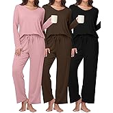 Simlakey 3 Pack Women's Pajama Set Long Sleeve Pajamas Top and Pants Soft V Neck Pjs Set Loungewear with Pockets