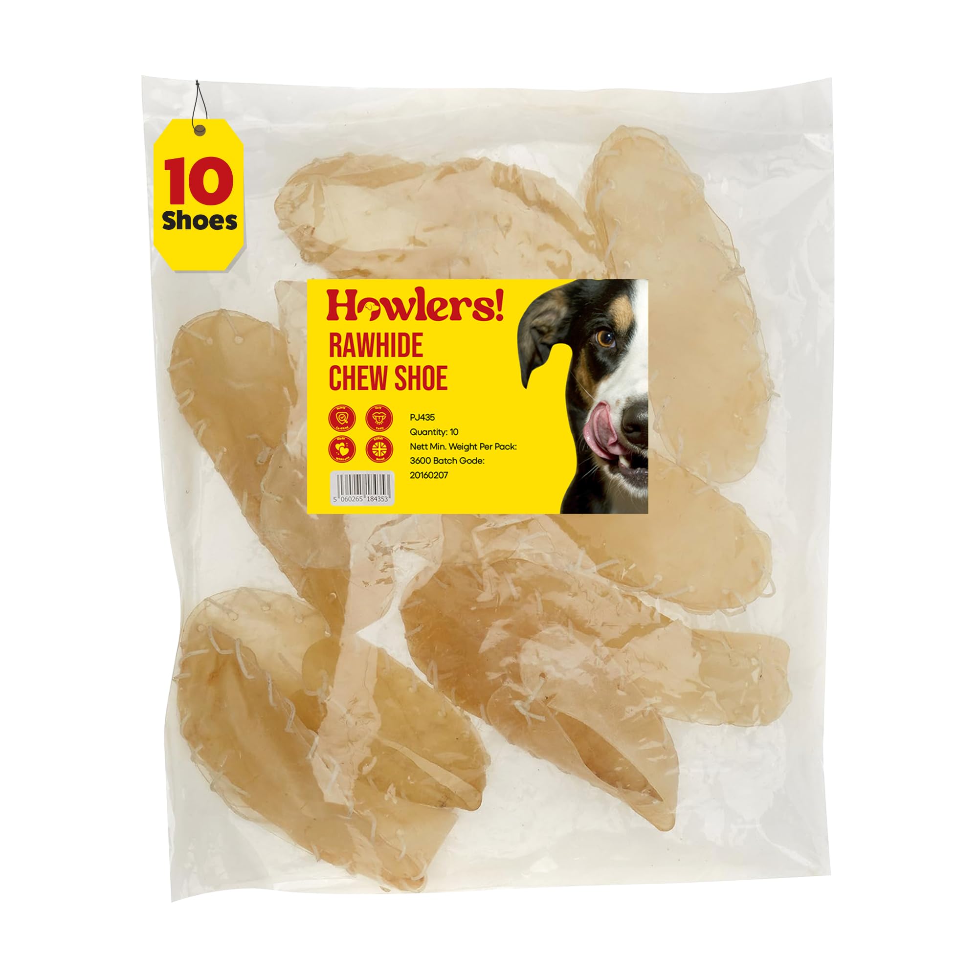 HOWLERS 20cm Pack of 10 Natural Rawhide Dog Chew Shoes | Rawhide Shoes For Dogs Made From 100% Natura Hide | Dog Chews Long Lasting Natural Ingredients