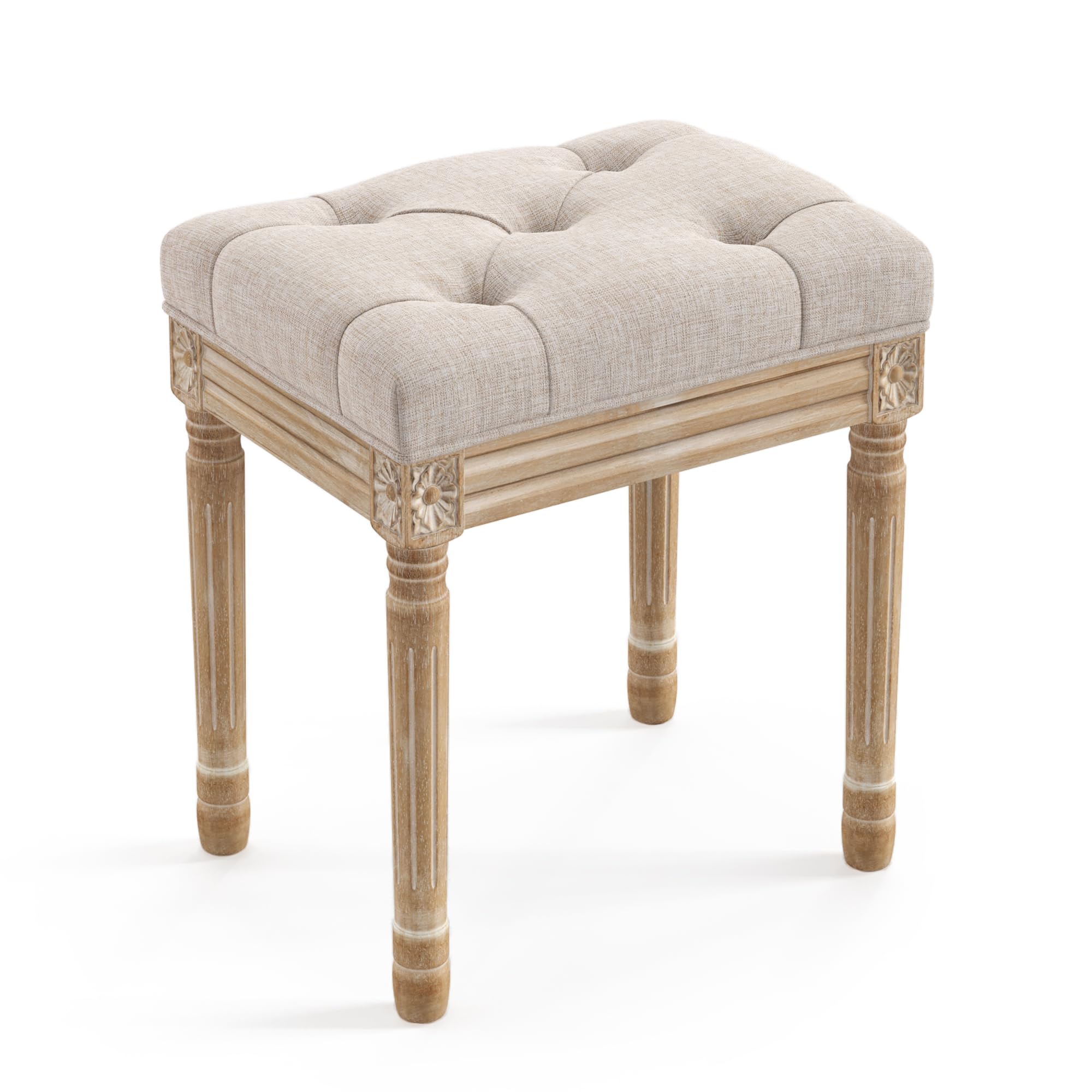 Photo 1 of LUE BONA Upholstered Fabric Vanity Bench Seat, Makeup Stools for Vanity, Square Tufted Ottoman Bench with Carved Wood Color Legs for Bedroom Living Room, Linen Color