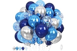 JOBKOO 60 Pcs Blue and Silver Balloons, Navy Royal Blue Silver Party Balloons with Metallic Confetti Helium Latex Balloons for Birthday Baby Showers Fathers Day 2025 Graduation Decoration