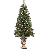 Santanelo 4FT Pre-lit Artificial Potted Christmas Tree with 50 LED Lights，Small Fake Spruce Tree,Xma Pine Cones Tree Decorated with 140 Branch Tips, Pine Cones&Red Berries, Plug in
