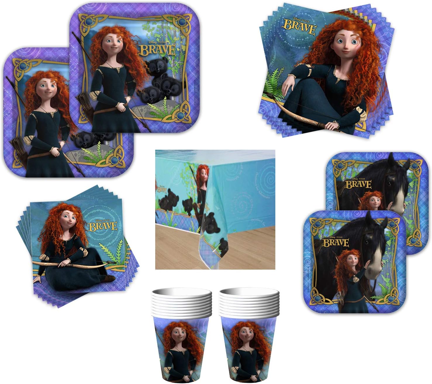 Disney Pixar Brave Birthday Party Bundle - Serves 16 Guests - Kit Includes Plates, Napkins, Cups, Table Cover