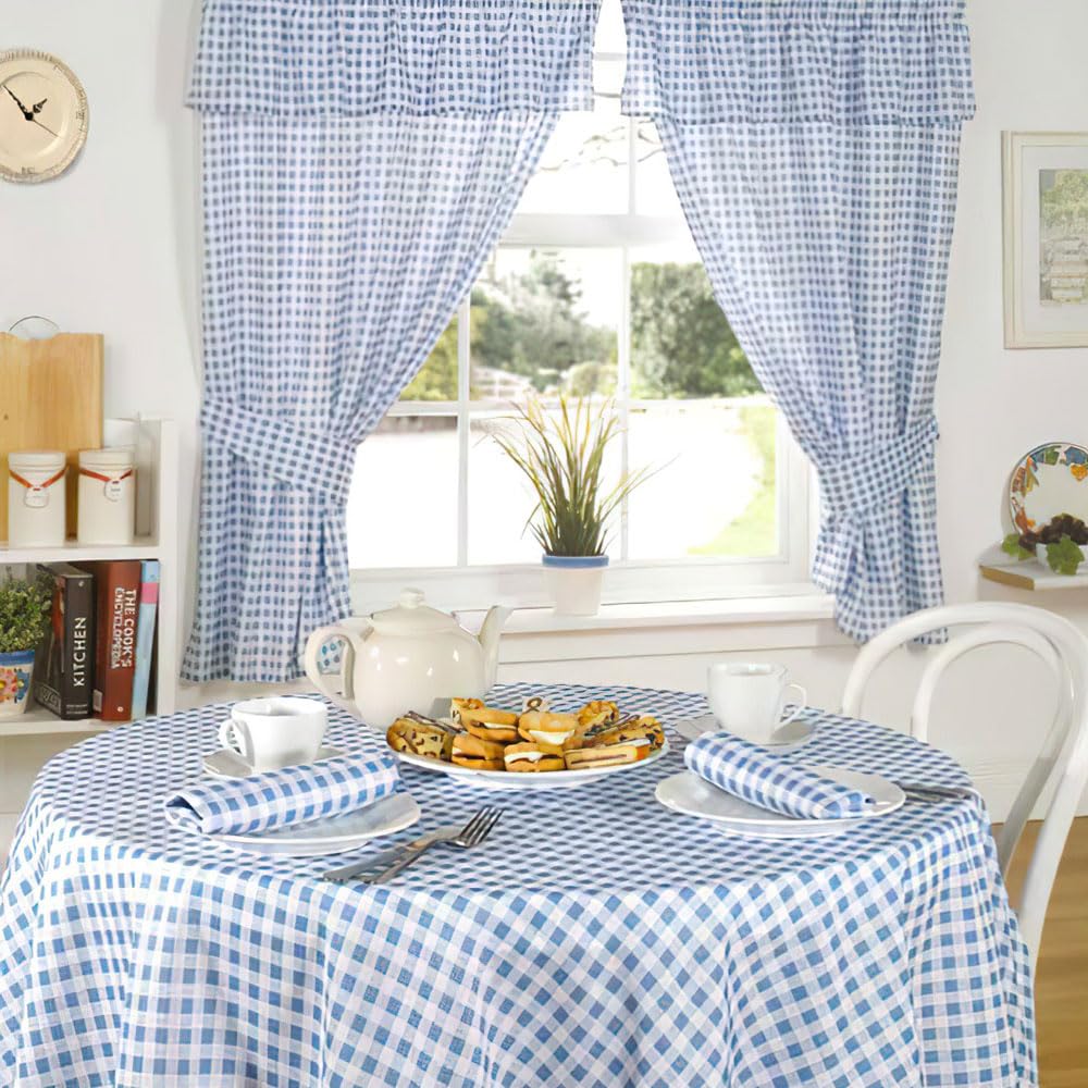 Emma Barclay Molly - Gingham Pencil Pleat Curtains With Pelmet Header in Blue - Width 46 x Drop 48" (116 x 121cm)