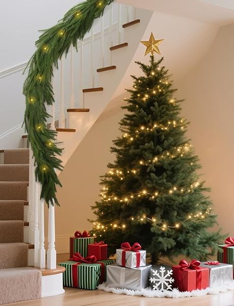 PREMIUM 30% FULLER 2PACK 6 FT ARTIFICIAL NORFOLK PINE GARLANDS WITH LIGHTS, REAL TOUCH WINTER PINE GARLAND, FOR STAIRCASE, TABLE, MANTLE, WALL, INDOOR, OUTDOOR CHRISTMAS DECORATIONS, FLOWER ARRANGING