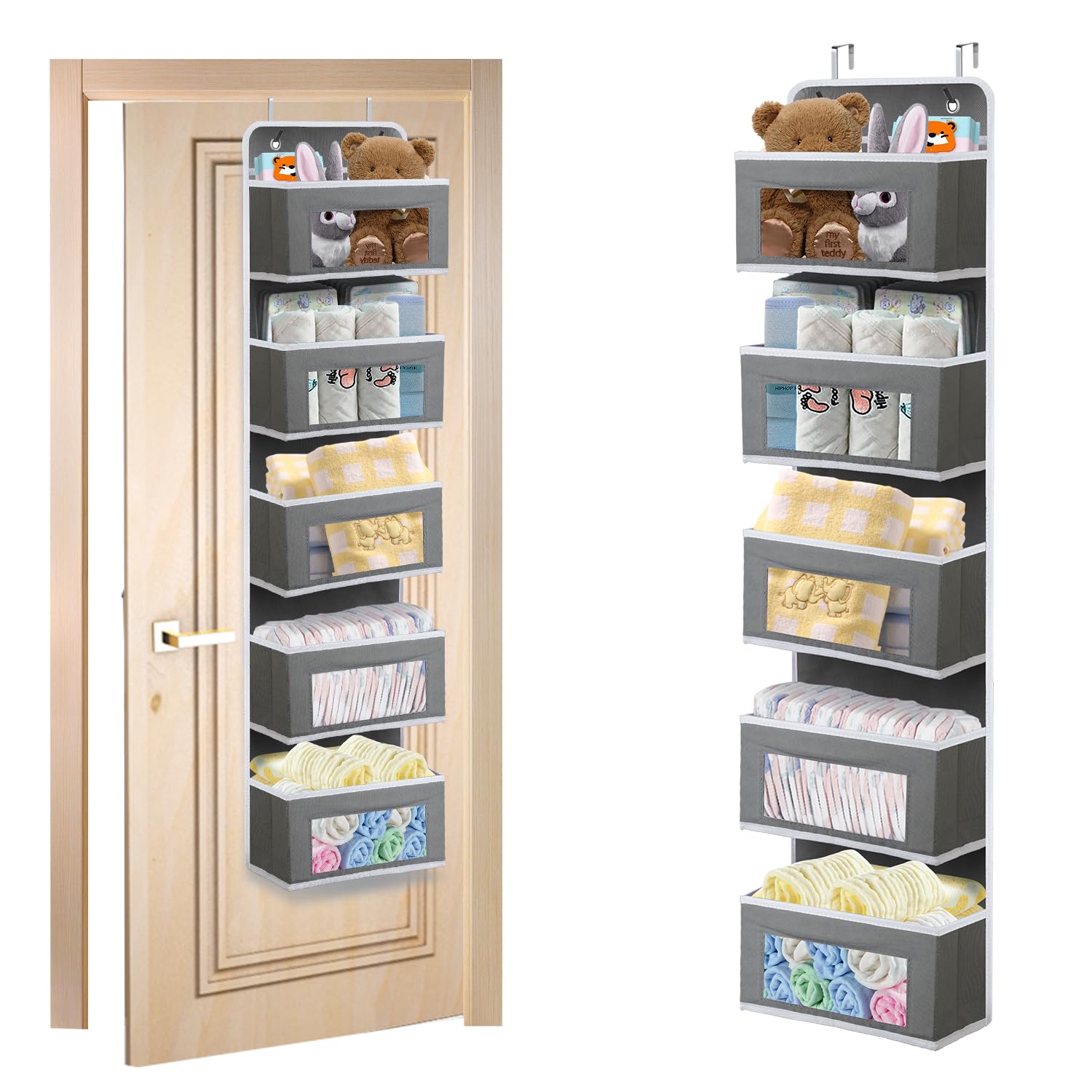 MangoKit Over Door Hanging Organiser, Baby Caddy Over Door Organiser, 5 Pockets Foldable Storage&Transparent Window, Space Saving Storage for Kids' Bedroom, Bathroom, Utility Room & Nursery