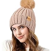 REDESS Womens Winter Knitted Beanie Hat Warm Fleece Lined with Pompom Cap Thick Slouchy Snow Knit Skull Ski Cap
