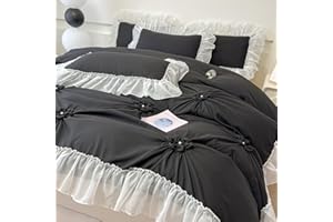 IHOUSTRIY Black Halloween Duvet Cover Twin Size - Pintuck Twin Duvet Cover Set Flower, 2 Piece Girls' Ruffle Bedding with Zipper Closure, 1 Pinch Pleated Duvet Cover 66x90 inches and 1 Pillow Sham