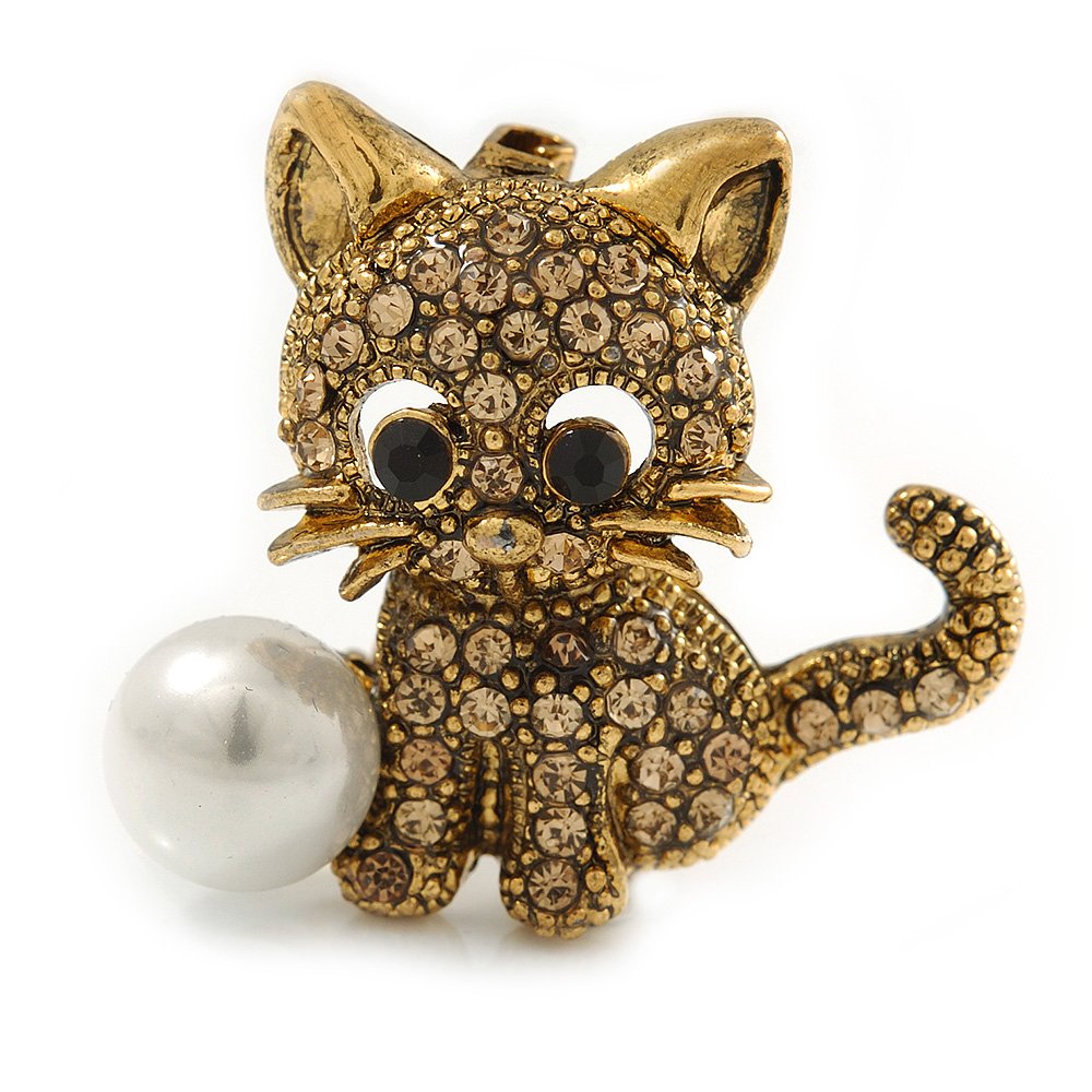 Light Topaz Crystal Little Kitten with Pearl Bead Brooch In Antique Gold Tone Metal - 30mm L