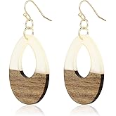 POMINA Lightweight Geometric Fashion Earrings Oval Teardrop Dangle Earrings Colored Acrylic Resin Wood Earrings Two Tone Color Gold Drop Earrings for Women Jewelry Gifts
