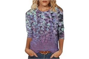 FARTEY 3/4 Sleeve Tops for Women Casual Crewneck Floral Print Summer T Shirts Loose Fit Three Quarter Length Tunic Tops