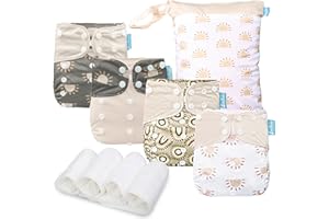 Smarbore Baby Cloth Diapers Set - 4 Pack with 4 Inserts & 1 Wet/Dry Separation Bag, Reusable Infant Toddler Nappy, Adjustable Pocket Diapers for Baby Boys and Girls (6-33 pounds, 0-3 Years)