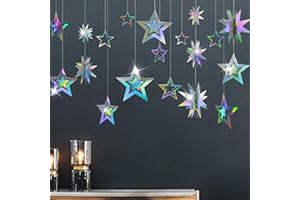 Cheerland Iridescent Star Garland Decorations Holographic Hanging Star Party Decoration Galaxy Birthday Decor Ramadan Eid Twinkle Star Banner Backrop Alien Space Celestial Theme Party Supplies