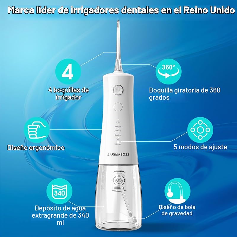 Irrigador bucal avanzado, 5 modos de presión y tanque grande de 340 ml, irrigador oral impermeable IPX8, 4 puntas de chorro y bloqueo de viaje, irrigador dental de agua, QR-7104 (Blanco)