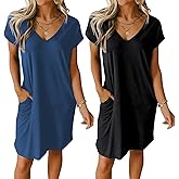 Ekouaer Womens 2 Pack Nightgown V Neck Sleepshirt Short Sleeve Nightshirt Plain/Floral Pajama Dress with Pockets