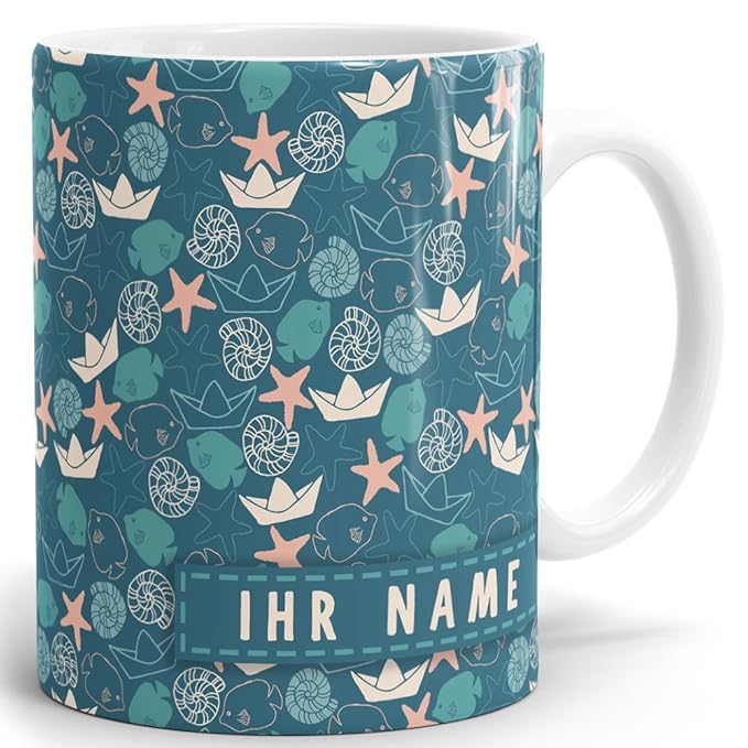 Drucksaal Namenstasse-Tasse-Becher-Kaffeetasse-mit Name-mit Namen individuell und persönlich Motiv Tag am Meer Tasse mit Pano