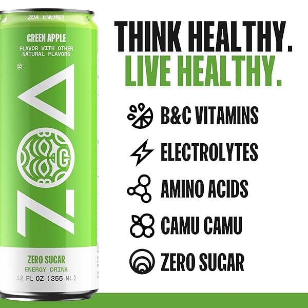 ZOA ZERO SUGAR ENERGY DRINKS, GREEN APPLE – SUGAR FREE WITH ELECTROLYTES, HEALTHY VITAMIN C, AMINO ACIDS, ESSENTIAL B-VITAMINS, AND CAFFEINE FROM GREEN TEA – 12 FL OZ (12-PACK)
