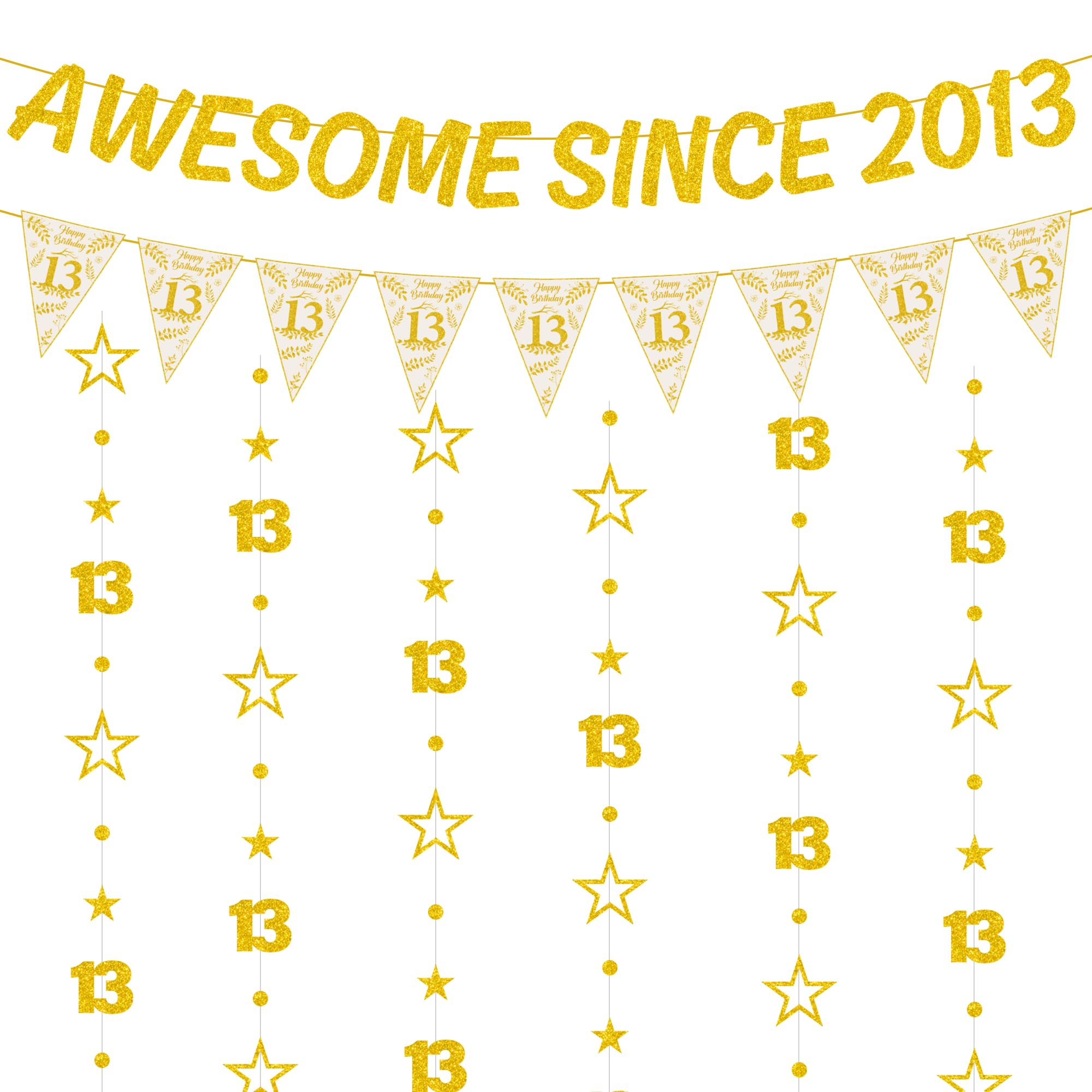 13th Birthday Decorations Girls Boys - 8 Pcs Gold Awesome Since 2013 Banner, Triangle Flag and Hanging Garland With Sparkling Gold Stars and 13 Number for 13th Party Supplies