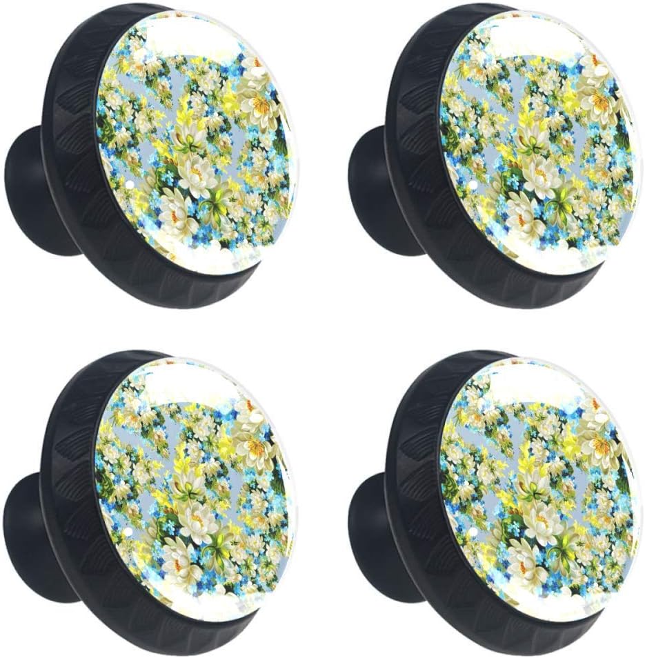 Drawer Knobs Hand Painted Painted Flowers Blue Yellow Cabinet Drawer Pulls Handle Crystal Glass Round 4pcs DIY Dresser Wardrobe Bookcase Cupboard Knob with Screws for Home Office