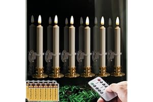 NONNO & ZGF 6PACK Flameless 8'' Window Candles +12 AA Batteries(Include)+6 Suction Cup+6 Golden Candleholders. Battery Powered Ivory Taper Candles with Remote and Timer.Remote Included