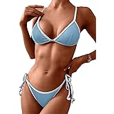 ZAFUL Women's Triangle Bikini Tie Side Whip Stitch String Bikini Two Piece Swimsuit Bathing Suits (3-Light Blue, Small)