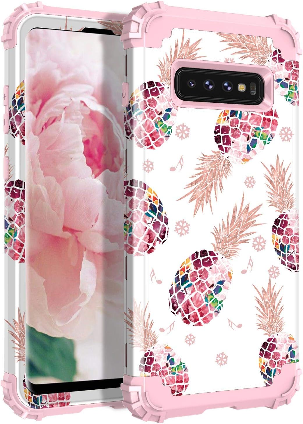 LONTECT for Galaxy S10 Case Floral 3 in 1 Heavy Duty Hybrid Sturdy High Impact Shockproof Protective Cover Case for Samsung Galaxy S10, Pineapple/Rose Gold