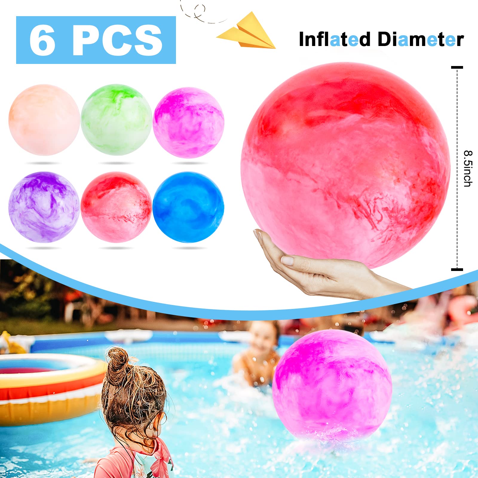 3 otters 6PCS Playground Balls, 8.5 Inches Beach Ball for Kids Inflatable Bouncy Balls with Air Pump, for Kids Adult Indoor Outdoor Sports Games