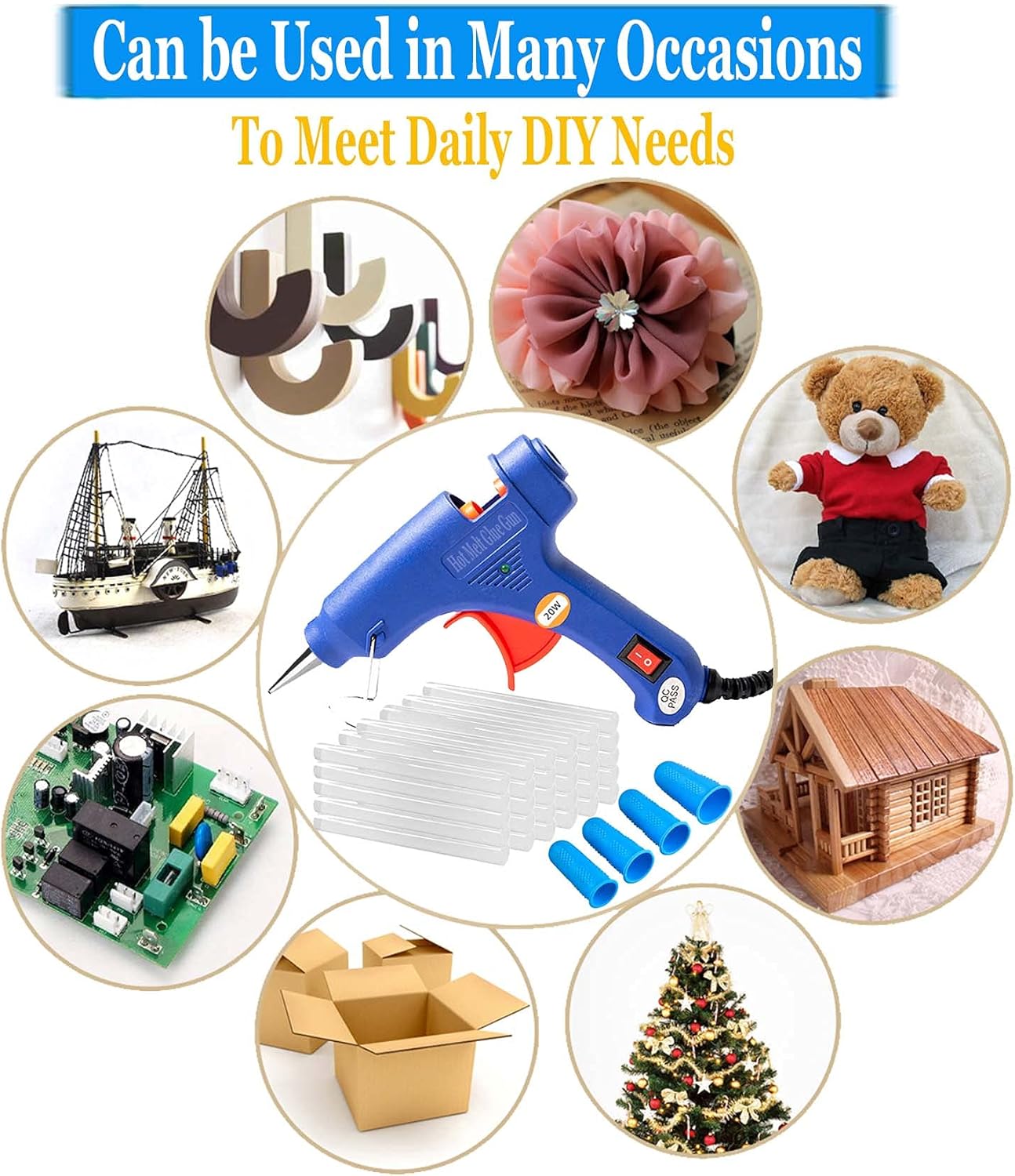 DuoAndDuo Hot Glue Gun kit 20W with 30pcs Mini Hot Glue Sticks for Glue Gun, Hot Melt High Temp Industrial Glue Gun, Glue Guns with 4pcs Anti-Scald Silicone Finger Cot, DIY Crafts Hot Glue Guns (Blue)