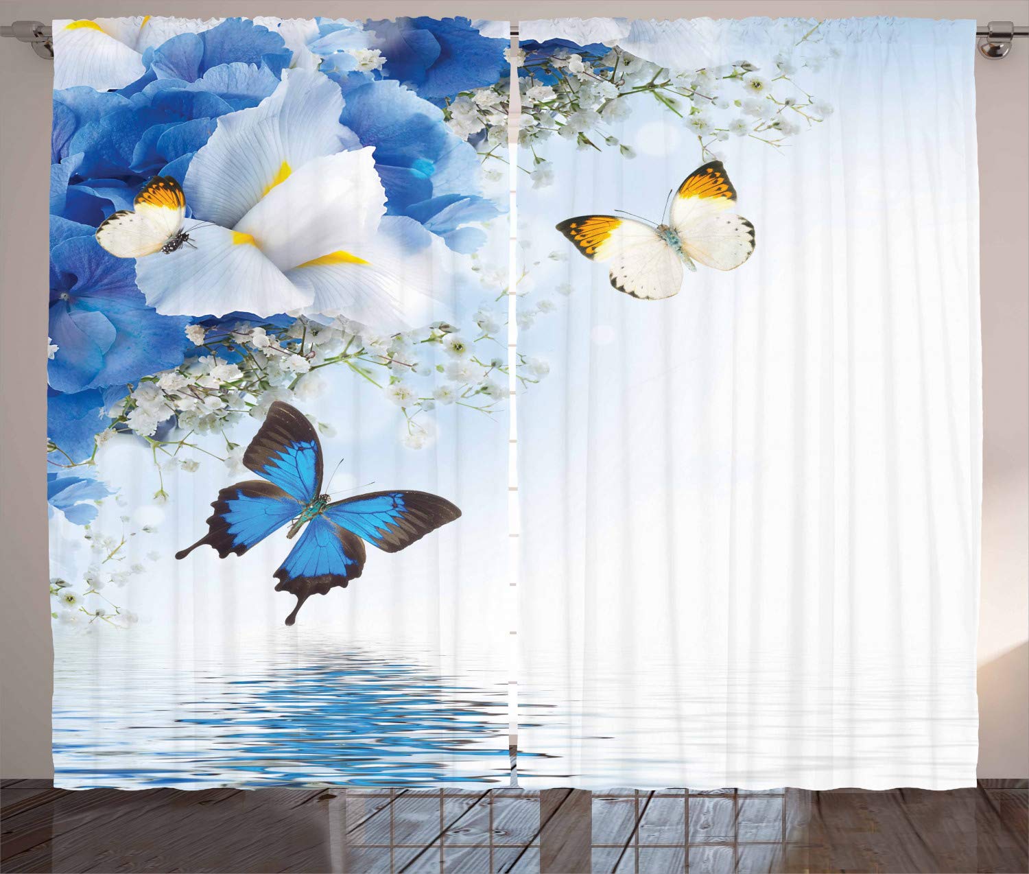 ABAKUHAUS Floral Curtains, Nature Theme Wild Flowers Monarch Butterflies Lily on Lake Therapy Spa Art Prints, Living Room Bedroom Window Drapes 2 Panel Set, 280 x 175 cm, Yellow Blue — image 1