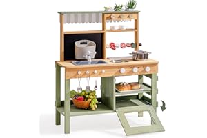 ROBUD Mud Kitchen for Kids Outdoor, Solid Wood Outdoor Play Kitchen, Green Kids Mud Kitchen with Barbecue Grill， Removable Si