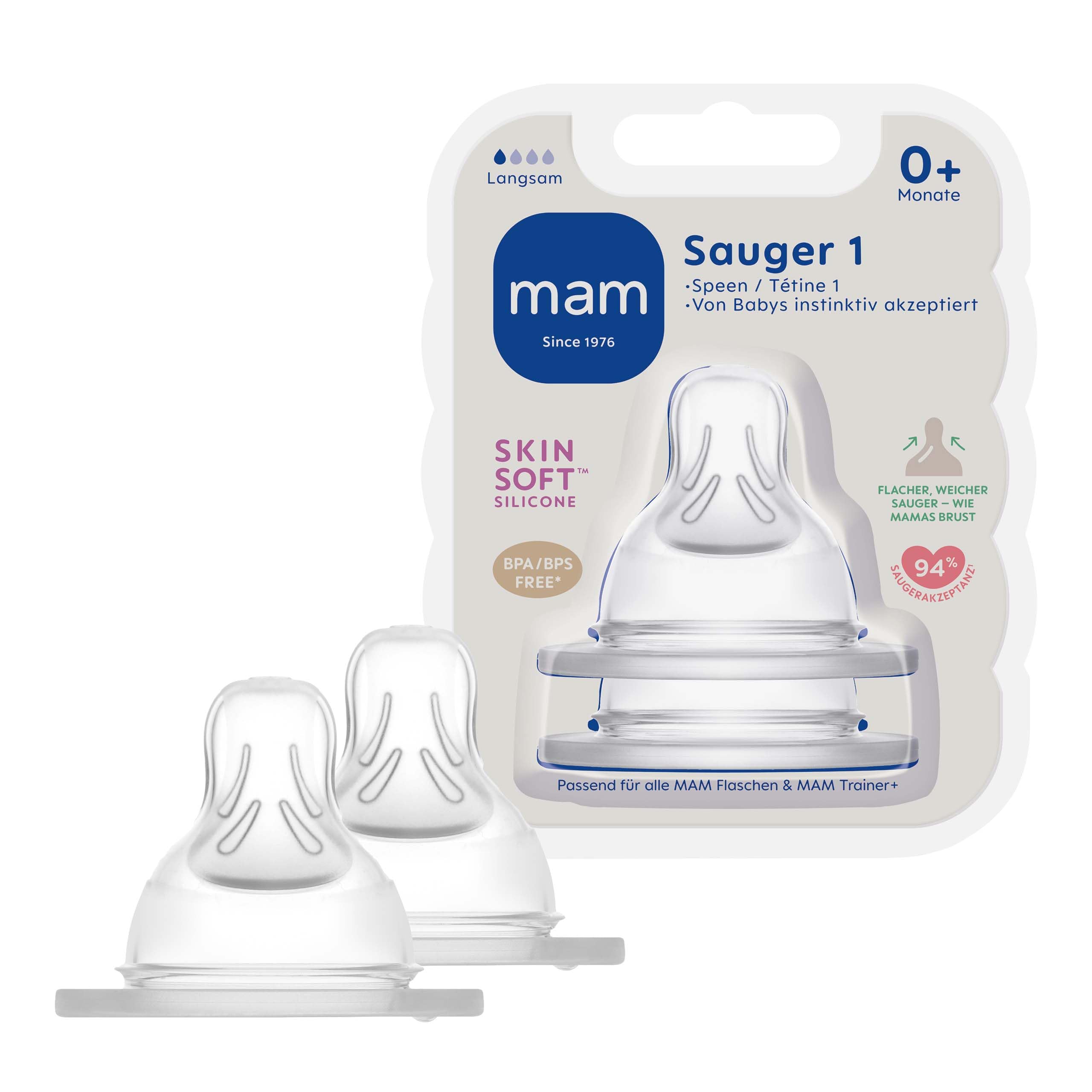 MAM - Set of 2 Size 1 Anti Colic Baby Bottle Teats,from birth, Packaging and Instructions in Foreign Language