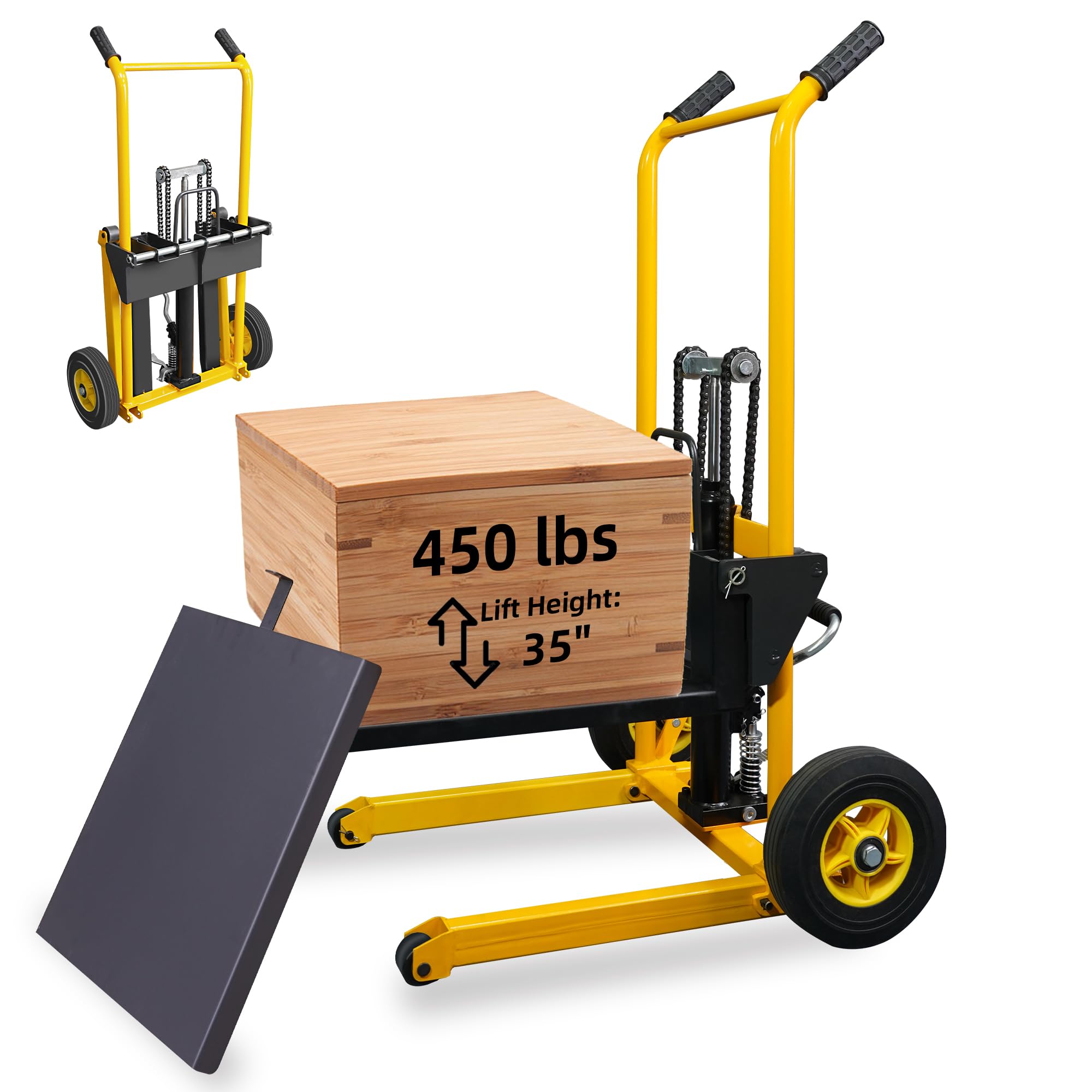 Photo 1 of **used missing parts** LuminaLiftCure Foldable Hydraulic Material Lift Dolly, 450lbs Lift Table Cart, Pallet Stacker Winch Stacker, Forklift with 35" Lift Height, Pallet Truck Dolly, Pallet Jack, Steel Platform x 1