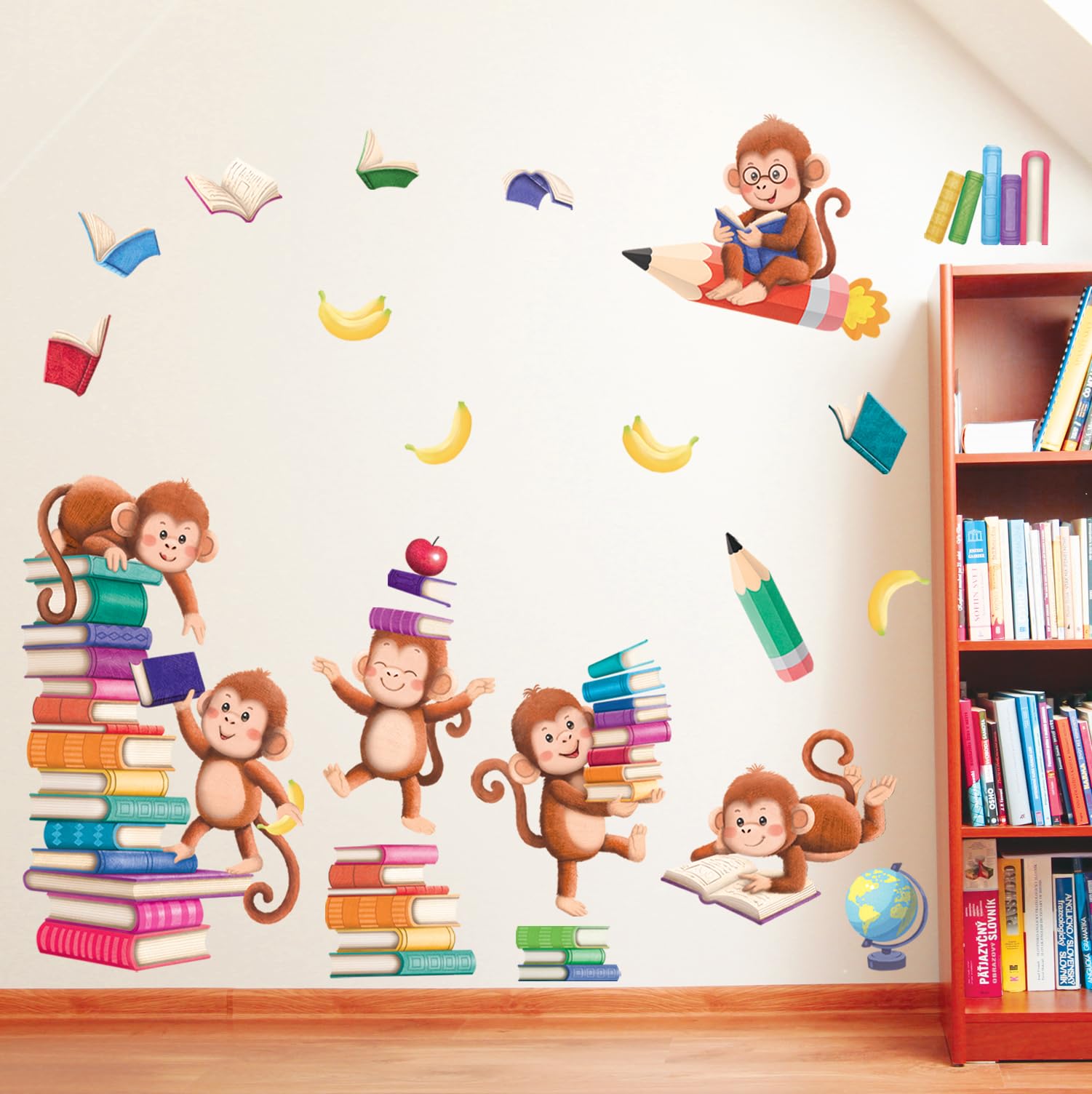 DECOWALL SG2-2402 Books with Reading Monkey Wall Stickers Book Inspirational Decals Removable for Kids Baby Library Classroom Nursery School Bedroom Playroom Living Room décor