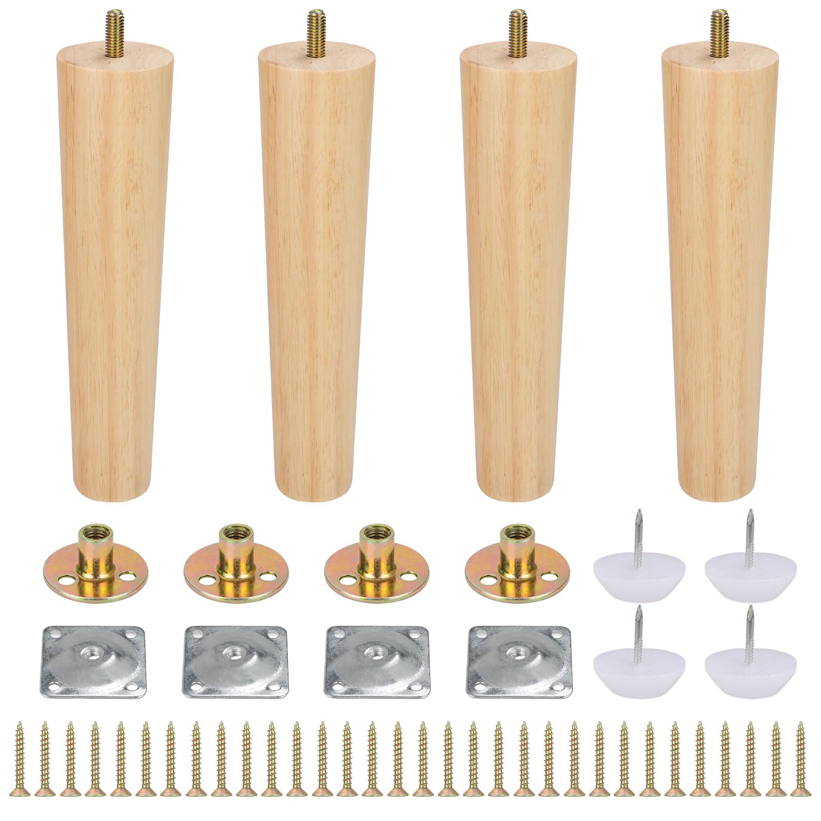 ZOFUN 4 Pcs Furniture Legs 20 cm, Pre-Drilled Wooden Legs with Footrest Pads & Installed Plates, 20cm Wooden Furniture Legs Non-slip, Solid Wood Sofa Legs for Armchair Table Couch Bed Replacement