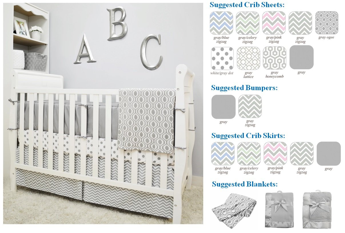 100% Cotton Tailored Crib Skirt with Pleat, Gray Zigzag, for Boys and Girls