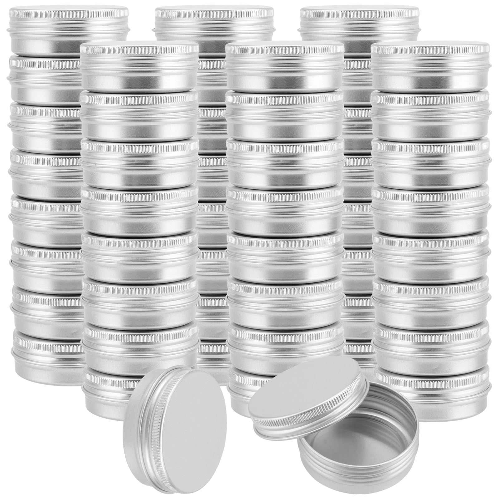 JEUIHAU 50 Pack 1oz Aluminum Tin Cans, Round Tin Containers with Screw Lid, Metal Travel Container Aluminum Tins Containers for Lip Balm, Cosmetic, Candles Silver