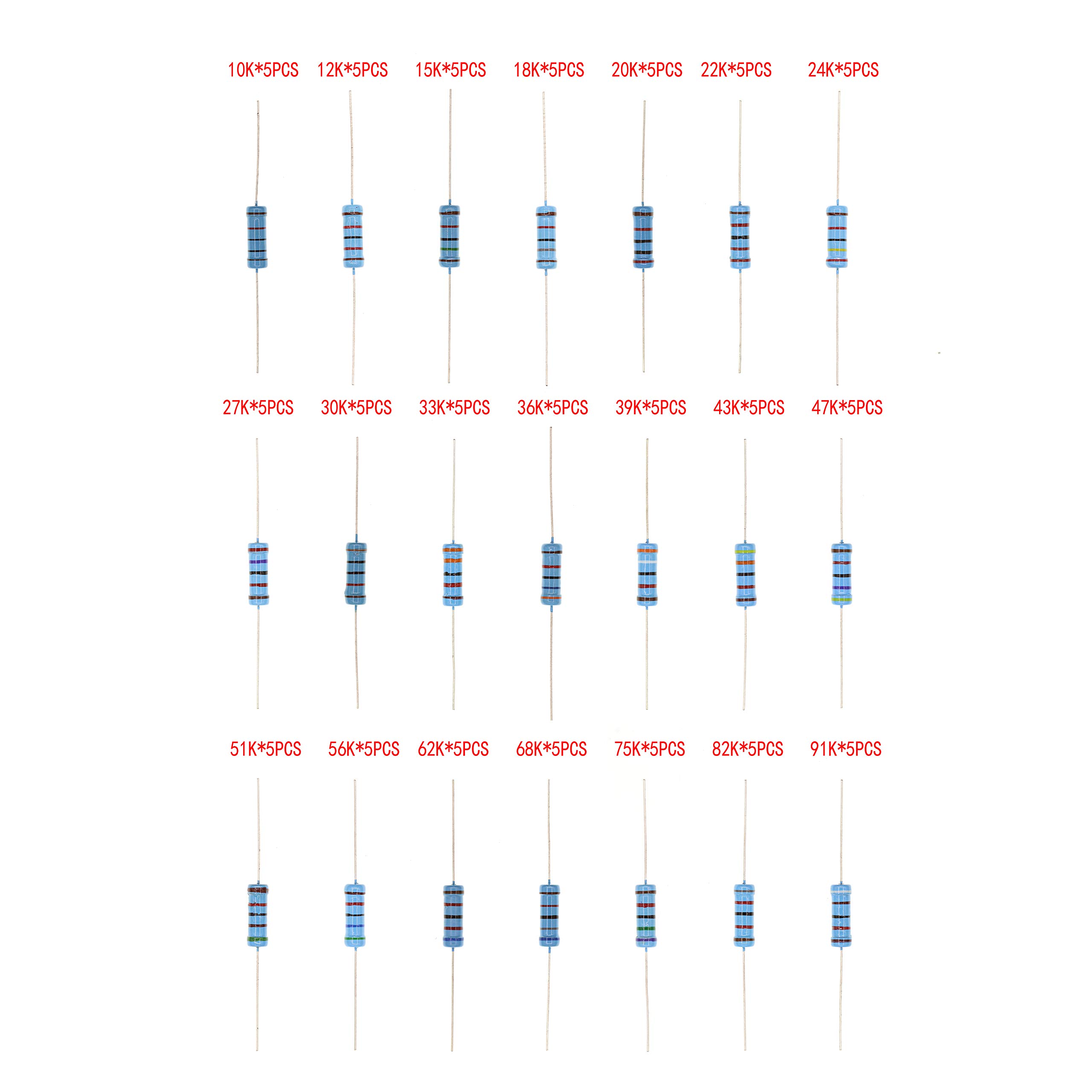HUABAN 5PCS * 21 Values 3W 3 Watts 10K 12K 15K 18K 20K 22K 24K 27K 30K 33K 36K 39K 43K 47K 51K 56K 62K 68K 75K 82K 91K Ohm 1% Metal Film Resistor