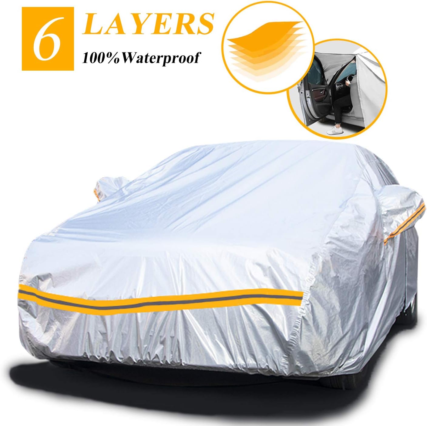 Autsop Car Cover Waterproof All Weather,6 Layers Outdoor Car Covers for Automobiles Full Cover Rain Sun Wind Hail Protection with Zipper Cotton,Universal Fit for Sedan A0(Length Up to 177")