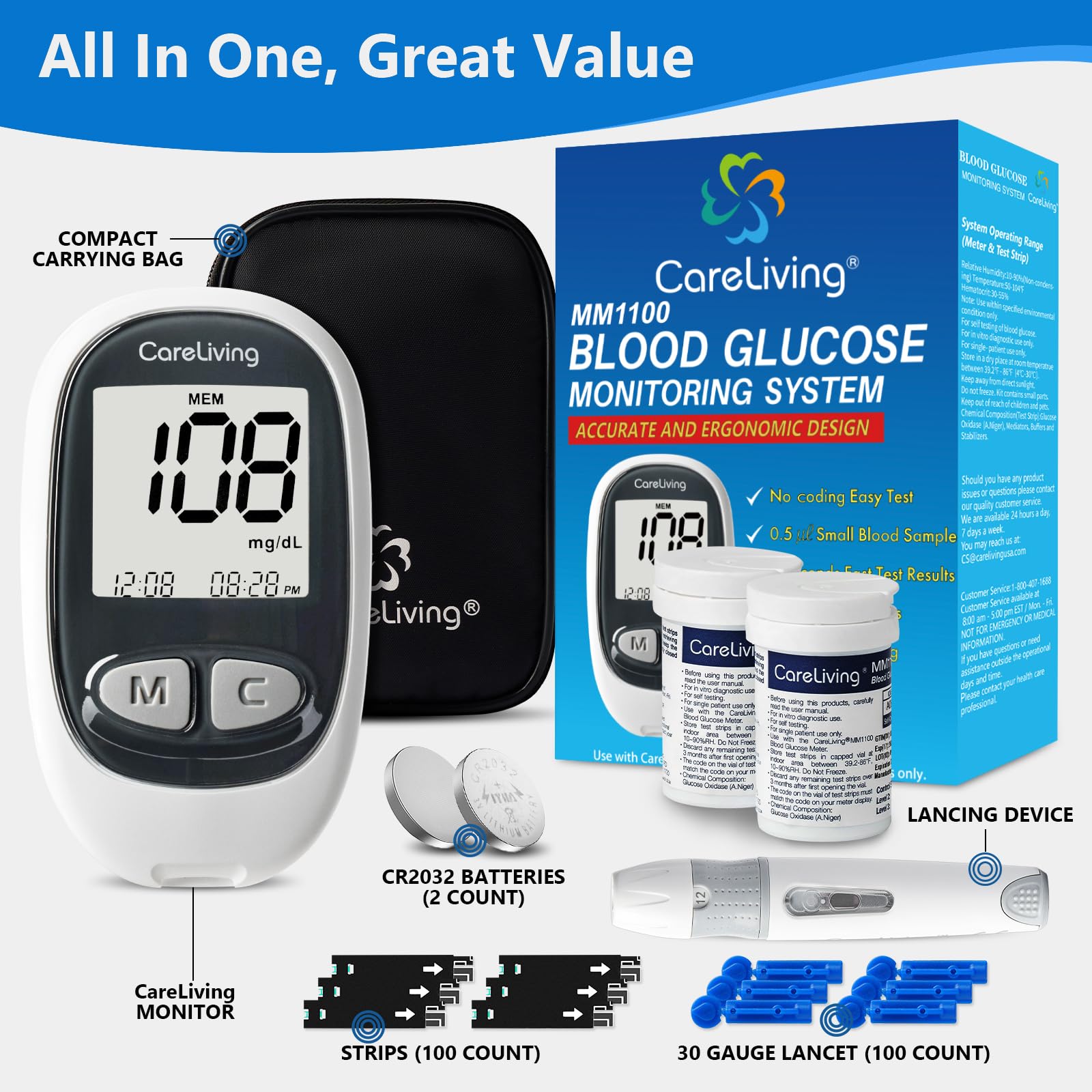 MM1100 Blood Glucose Monitor Kit with 100 Test Strips, 100 Lancets, 1 Blood Glucose Meter, 1 Lancing Device, Diabetes Testing Kit, Portable Blood Sugar Test Kit, Glucometer Kit for Home
