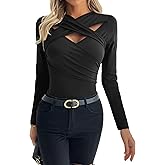 EWFKJ Long Sleeve Cutout Tops for Women Slim Fitted Crisscross V Neck Sexy Fall Going Out T-Shirts