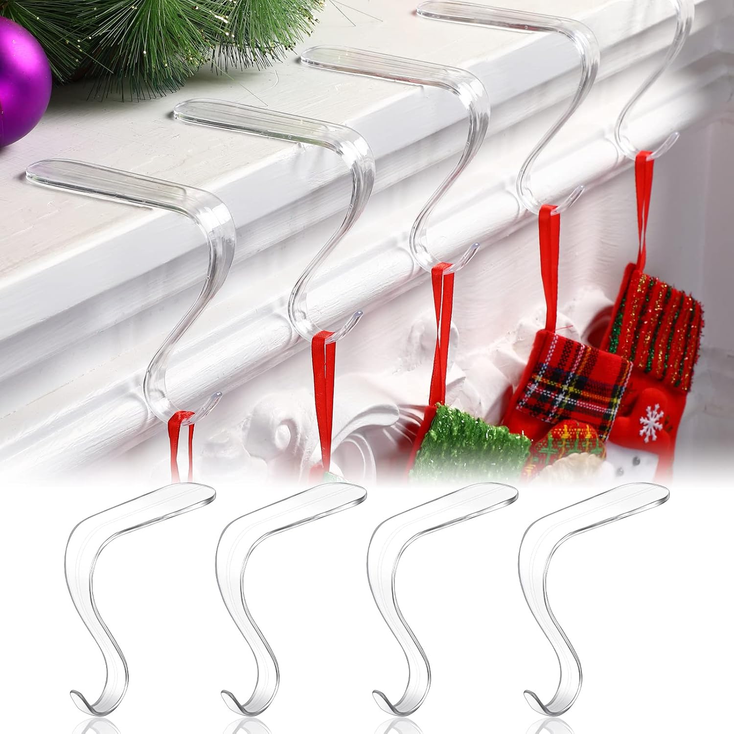 Stockings & Holders - Jetec Christmas Stocking Holders Acrylic Stocking Hangers for Mantel Transparent Stocking Hangers Non Slip Fireplace Stockings Holders Clear Stocking Holder Hooks for Party Xmas Decor (4 Pieces)