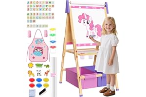 DOERPUZ Kids Art Easel Set, Adjustable Double Sided Drawing Board, Wooden Easel for Painting, Ages 2-12, Birthday Gift for Girls & Boys, Whiteboard & Chalkboard, Dry-Erase Board, Paper Roll