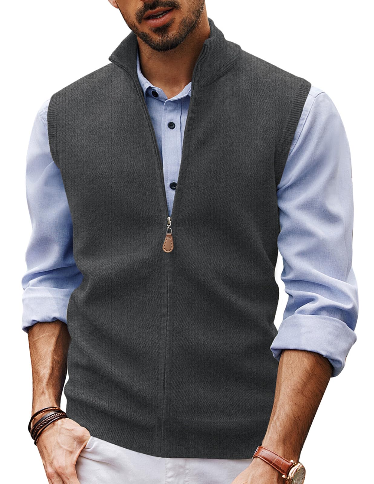 Photo 1 of PJ PAUL JONES Mens Sweater Vest Zip Up Knitted Vest Sweater Stand Collar Sleeveless Sweater Vest for Work Dark Grey
