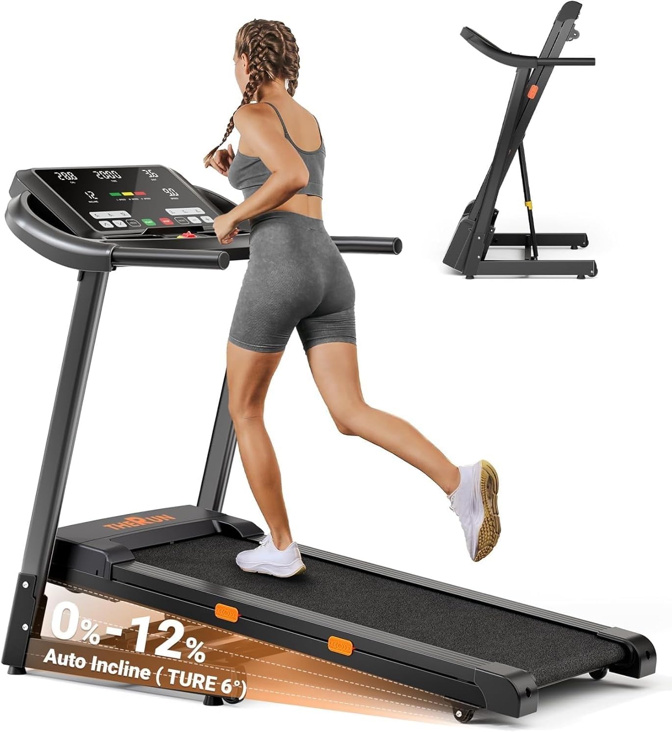 Photo 1 of THERUN Incline Treadmill, 0-12% Auto Incline Treadmills for Running and Walking, 300 lbs Weight Capacity, Wide Belt, 3.0 HP, 18" LED Screen, 2 Layers Shock-Absorbing